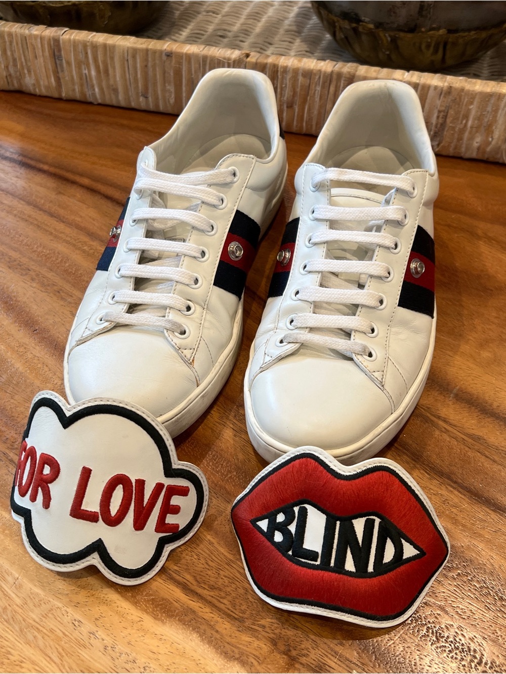 GUCCI Ace Sneakers “Blind For Love” 470012 White Leather Size 42 /US 9 Authentic - Picture 8 of 11